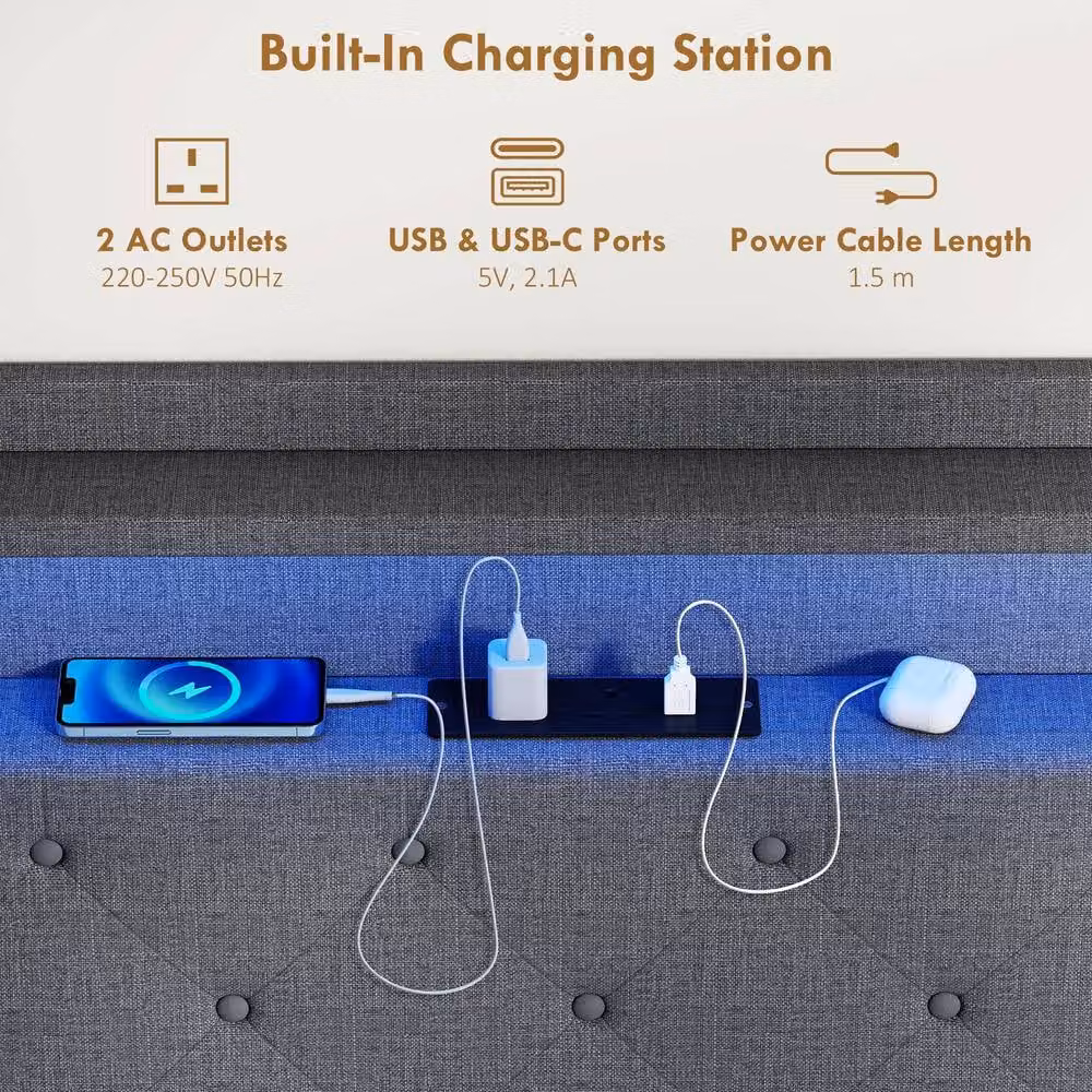STILVORA Grey Fabric Double Bed Frame with LED Lighting, USB Charging Port and Bedside Shelves, W/D/H: 140 x 200 cm – 6