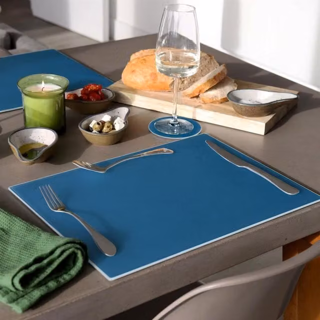 Harbour Housewares 12-Piece Blue and Grey Rectangular Glass Placemats with Round Coasters, W: 40 cm, D: 30 cm