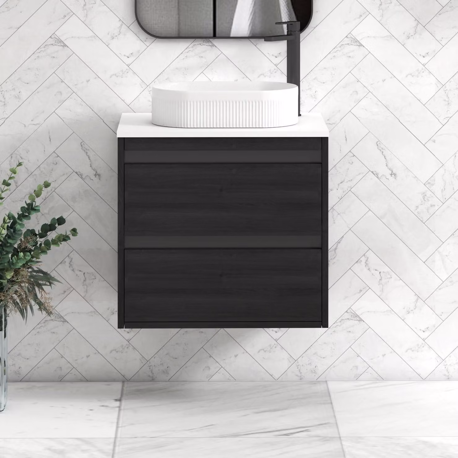 Royal Bathrooms Orion 2 Drawer Hale Wall Hung Vanity Unit in Black with White Stone Countertop Basin