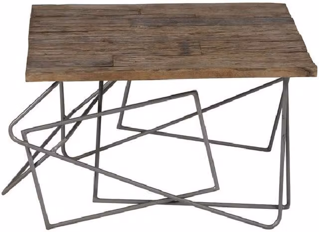 IH Design Industrial Style Square Railway Sleeper Coffee Table in Brown Wood and Silver Metal