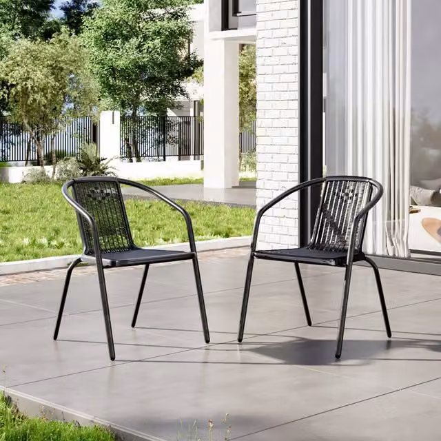 Breeins Set of 2 Modern Matt Black PE Rattan Garden Chairs with Metal Frame