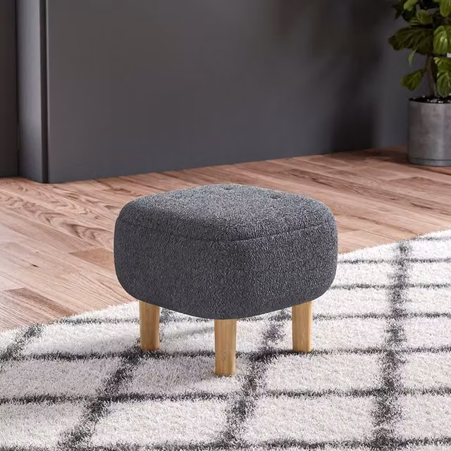 Livingandhome Grey Linen Upholstered Cylindrical Footstool with Rubberwood Legs