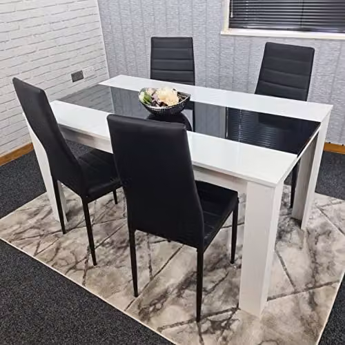 KOSY KOALA Modern Dining Table and 4 Chairs Set with Black Glass Top and Black Faux Leather Chairs, White, W: 117 cm, D: 77 cm, H: 75 cm – 2