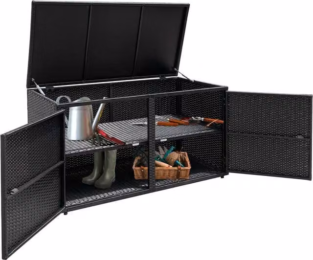 COSTWAY Modern Black PE Wicker and Metal Outdoor Storage Box for Terraces