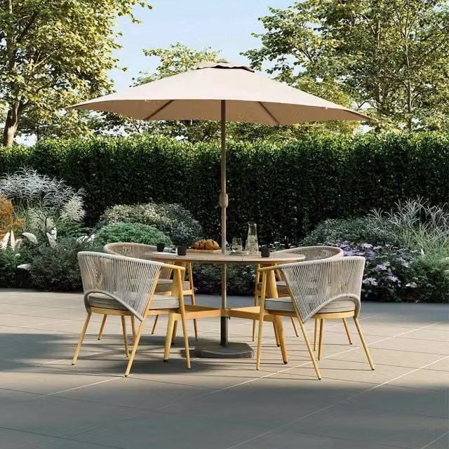 Charles Bentley Almada 4 Seater Outdoor Dining Set in Light Grey with Wood Effect Frame and Rope Weave Design – 1