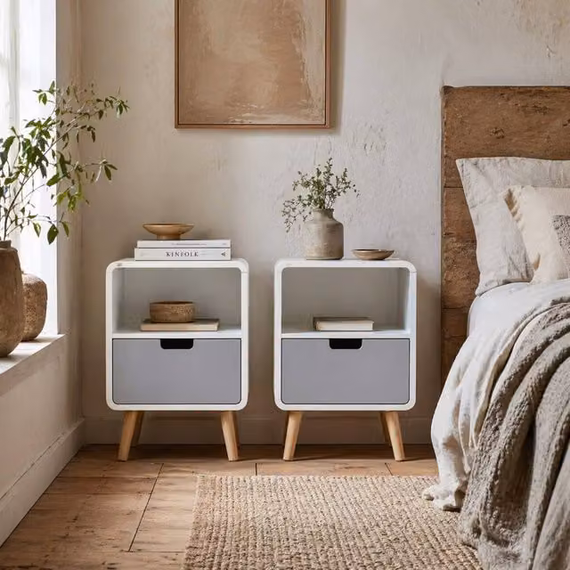 Wyld Haus Neselo Set of 2 Scandinavian Wooden Bedside Tables with Drawer and Shelf, White, W/D/H: 40 x 38 x 58 cm – 1