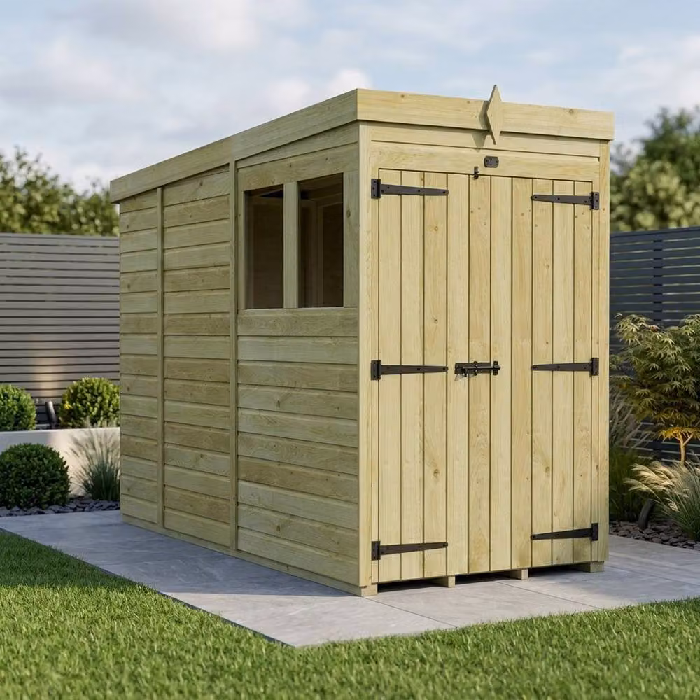 Buttercup Farm Brown Pine Pent Garden Shed with Double Doors and Windows, W/D/H: 274 x 122 x 210 cm – 2