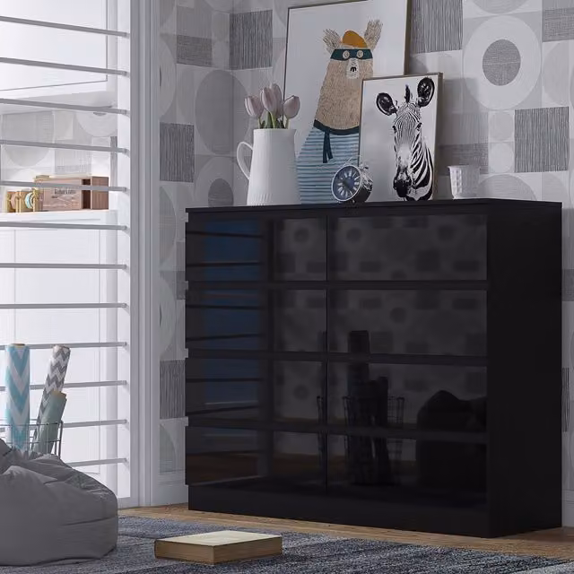 FWStyle Gloss Black Chest of Drawers, Width: 99 cm