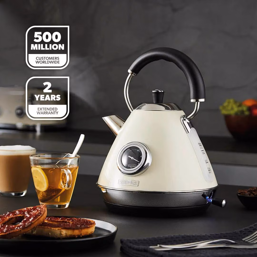Geepas Retrovive 1.7L Stainless Steel Electric Kettle with Temperature Gauge and Auto Shut-Off in Beige – 2
