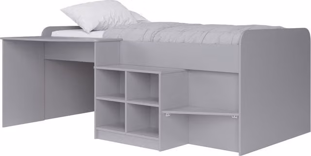 Kidsaw Pilot Mid-Height Cabin Bed in Grey with Side Compartments and House Frame, 90 x 190 cm