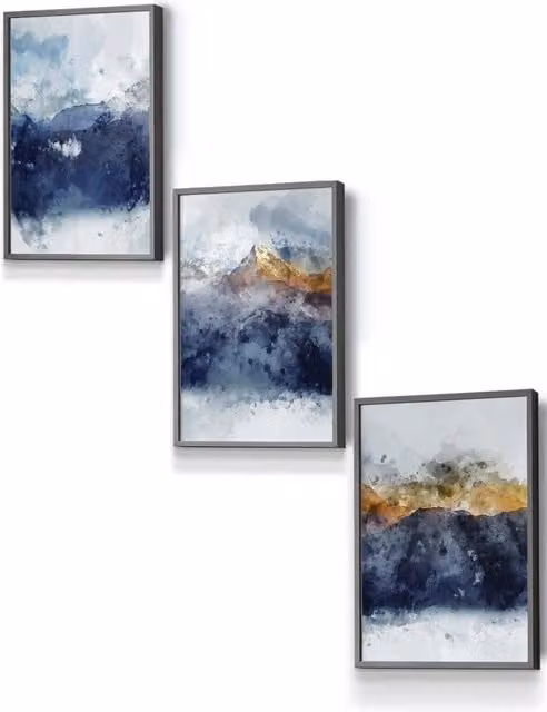 ARTZE Abstract Navy Blue, Yellow and Grey Mountain Landscape Framed Wall Art in Dark Grey Wood, W: 33 cm, H: 45 cm, D: 0.2 cm