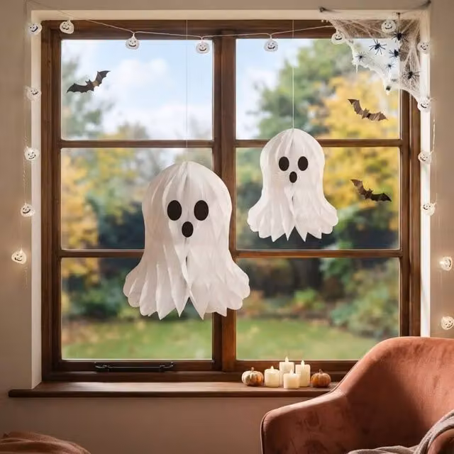 Garden Greatness 2 Pack White and Multicolour Honeycomb Hanging Paper Ghosts for Halloween