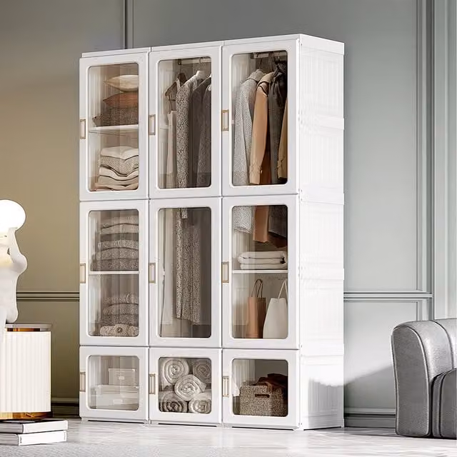HOMCOM Modern Freestanding Portable Clothes Wardrobe with Glass Doors and Hanging Rod in White
