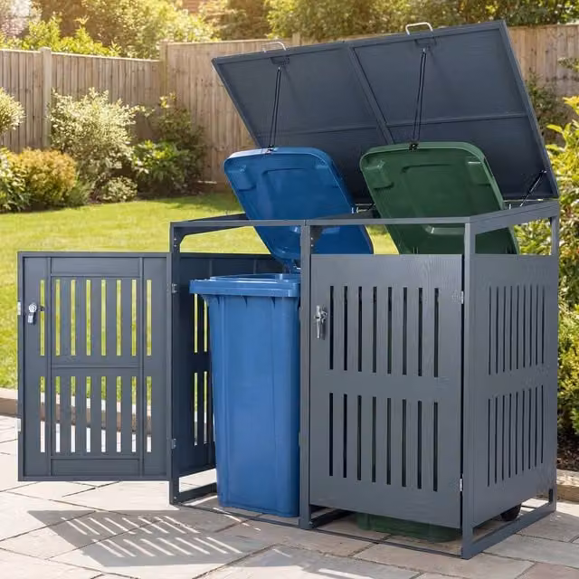 Costway Metal Outdoor Bin Store Storage Shed for 2 Bins in Grey, W/D/H: 132.0 x 80.0 x 115.5 cm – 1