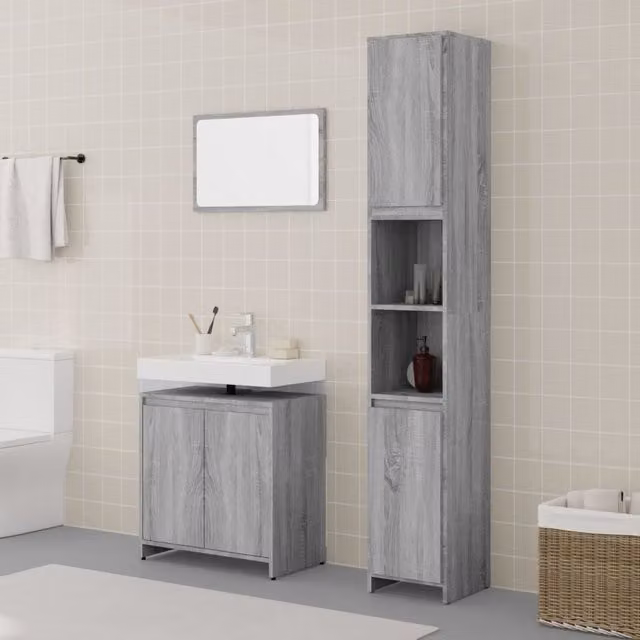 Berkfield Home 3 Piece Modern Grey Bathroom Furniture Set with Mirror Cabinet and Vanity Unit – 1