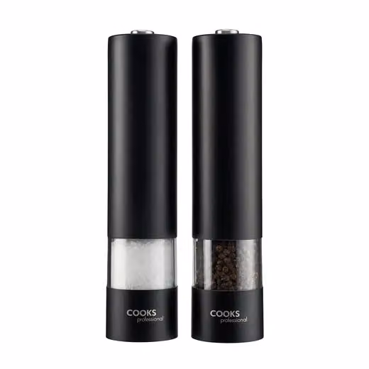 Cooks Professional Electric Salt and Pepper Mill Set with Bamboo Base, Black Stainless Steel Battery Operated Automatic Grinders – 3