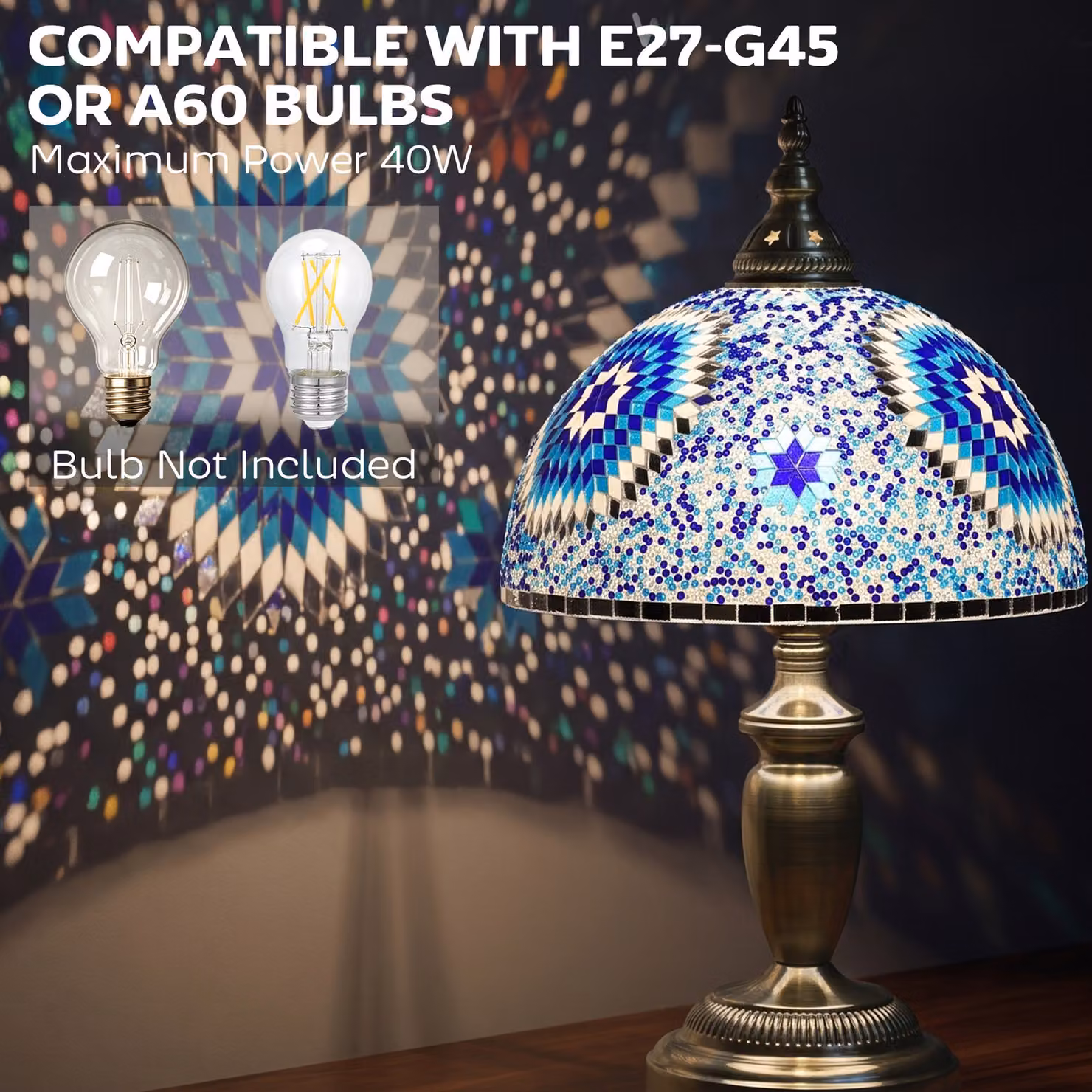 HOMCOM Tiffany Stained Glass Bedside Table Lamp in Blue and Bronze, W/D/H: 30.48 x 30.48 x 50.8 cm – 5