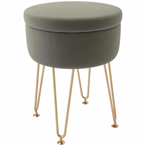 HOMCOM Green Velvet Round Storage Ottoman with Gold Metal Frame, W/D/H: 33 x 33 x 43 cm