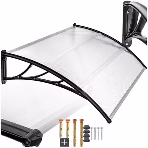 tectake Front Door Canopy with Translucent Polycarbonate Panels and Aluminium Frame, Black, W: 120 cm, H: 93 cm – 1