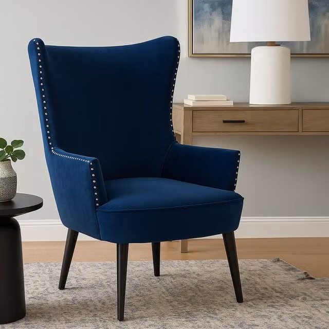 Orsina Blue Mid Century Wingback Lounge Arm Chair in Velvet Fabric