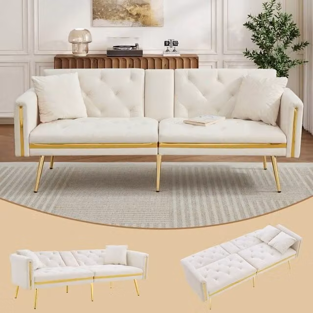 ModernLuxe Convertible 2-Seater Velvet Sofa Bed with Adjustable Backrest and Cup Holders in White – 1