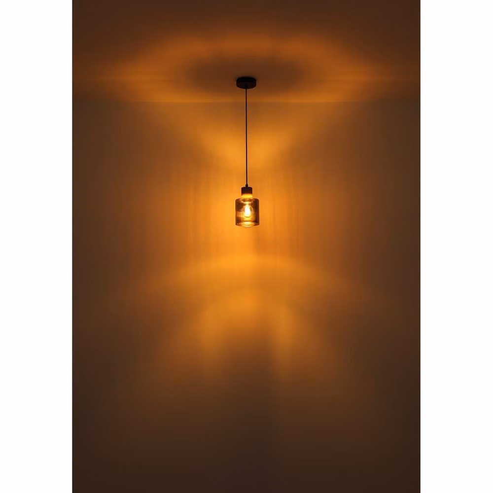 Netlighting Aleidis Industrial Pendant Light with Smoky Glass Shade and Wood and Metal Details, Black and Brown, Height: 120 cm – 5