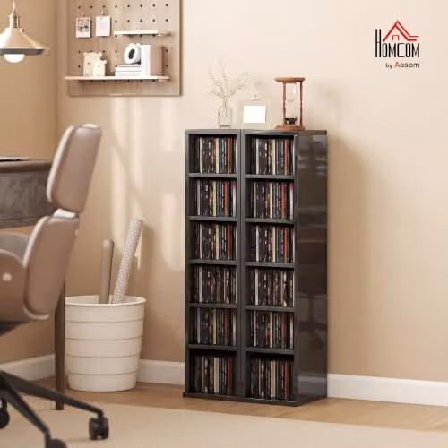 HOMCOM Set of 2 Black Glossy CD and DVD Storage Units with Adjustable Shelves – 2