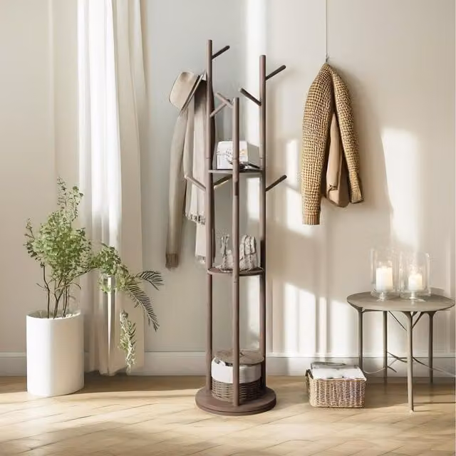 Furnold Rotating 360 Wooden Coat Stand with 9 Hooks, Brown