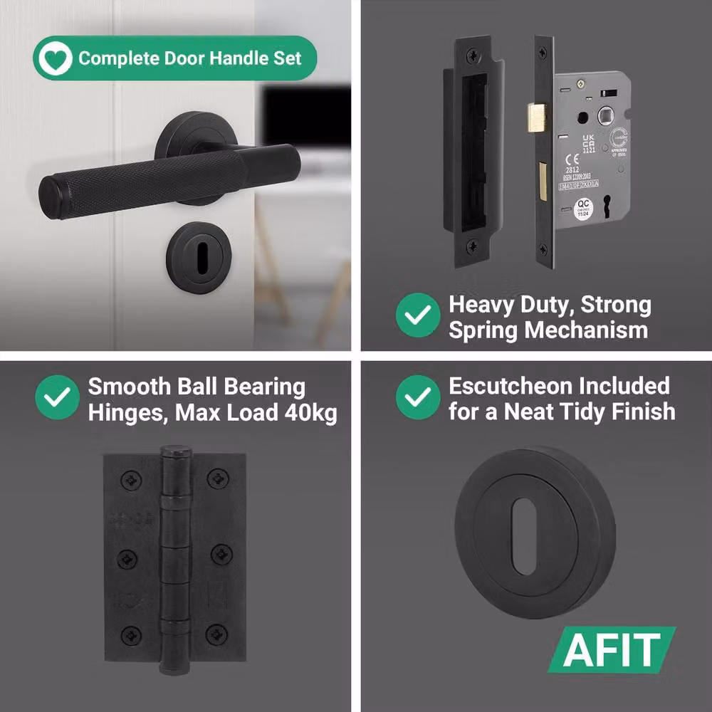 AFIT Matt Black Round Rose Door Handle with Key Lock and Hinges, W/D/H: 15 x 15 x 2 cm – 7