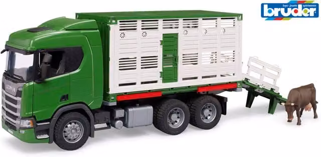 Bruder Scania Super 560R Cattle Transportation Truck Playset with 1 Animal, Red