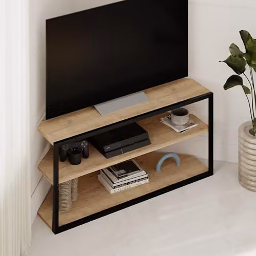 Decortie Echo Modern TV Unit in Oak with Metal Frame and Open Shelves, W/D/H: 98 x 37 x 45 cm