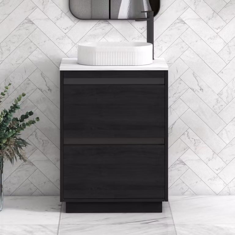 Royal Bathrooms Orion 600mm Hale Black Floor Standing Vanity Unit with Lyon Carrara White Countertop and 2 Drawers