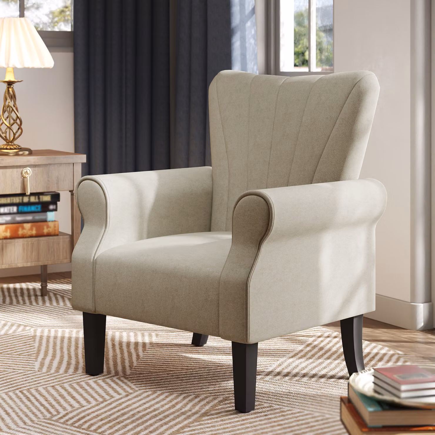 HOMCOM Beige Upholstered Accent Chair with High Back, Rolled Arms and Solid Wood Legs – 2