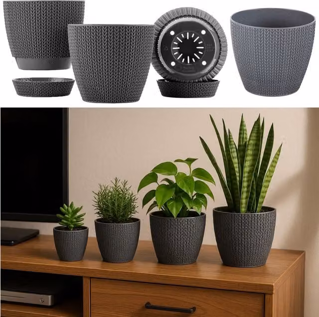 Gr8 Garden Set of 4 Grey Sumela Knitted Flower Plant Pots – 1