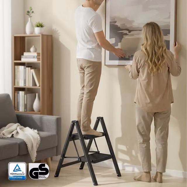 SONGMICS 2-Step Foldable Step Ladder in Black