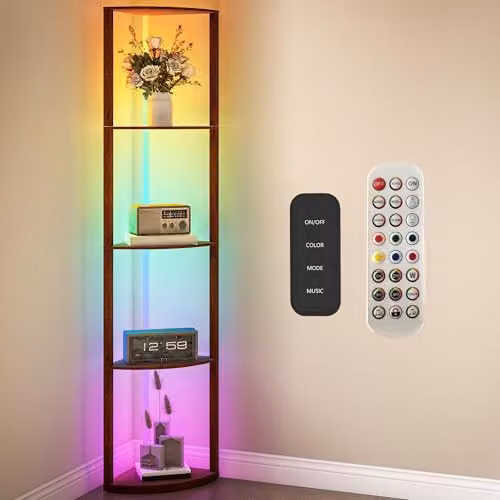 HOMCOM RGB LED Floor Lamp with 4-Tier Shelves in Brown – 1