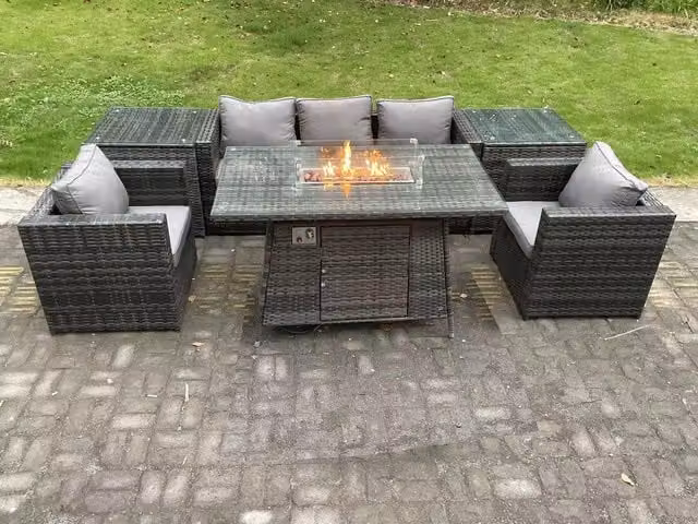 Fimous 5 Seater Outdoor PE Rattan Garden Furniture Set with Gas Fire Pit Dining Table and Heater in Dark Grey