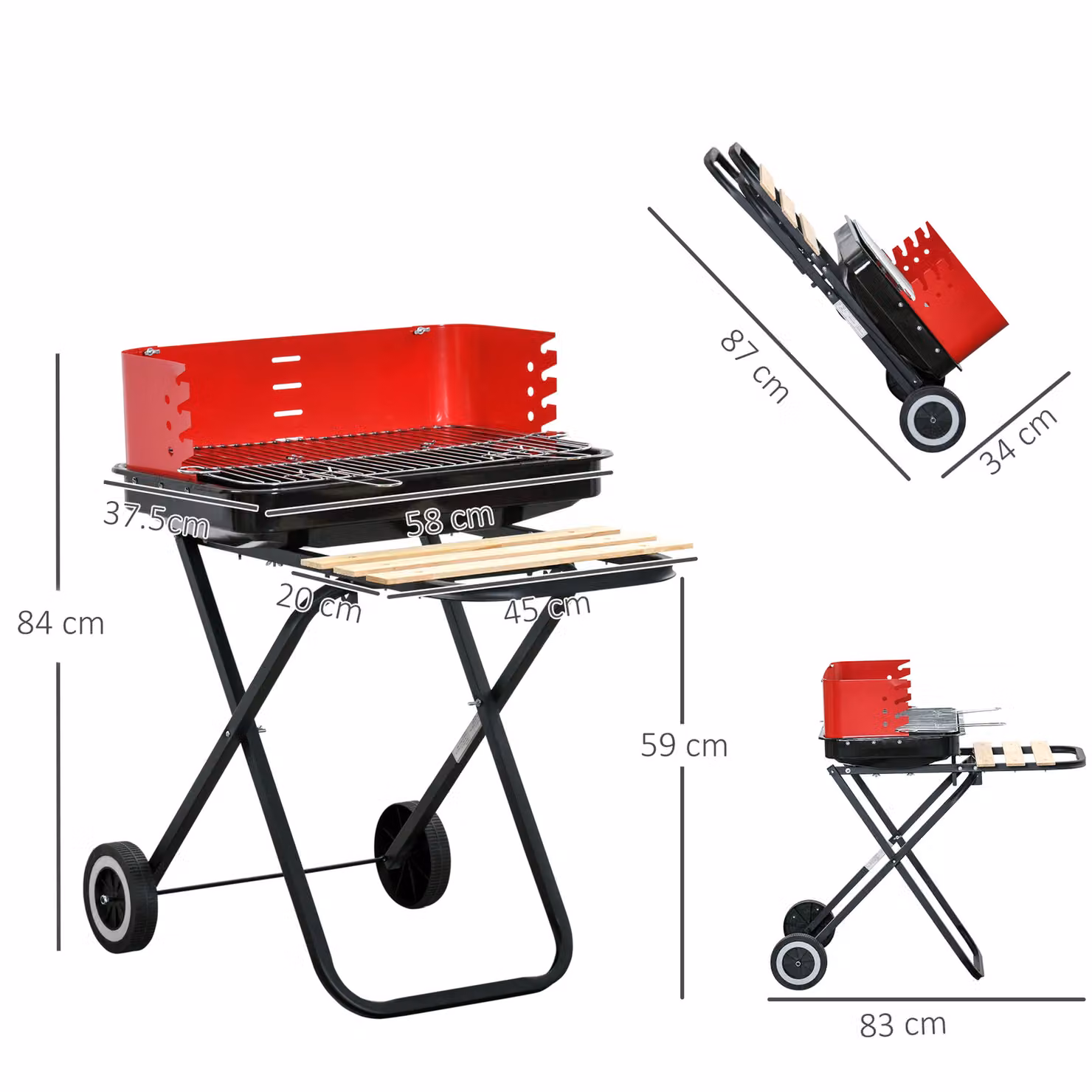 Outsunny Foldable Charcoal Barbecue Trolley Grill with Wheels in Black and Red – 4