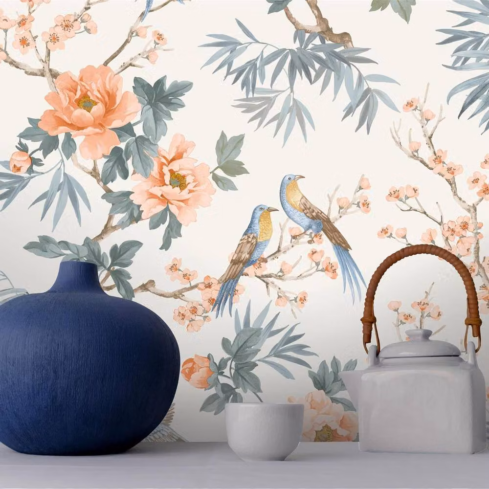 Rasch Chinoiserie Orange Floral and Botanical Animal Pattern Wallpaper Roll – 2