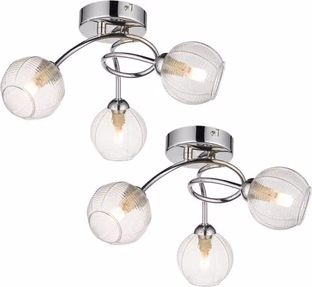 First Choice Lighting Tatton Set of 2 Chrome and Transparent Glass 3 Light Flush Ceiling Lights