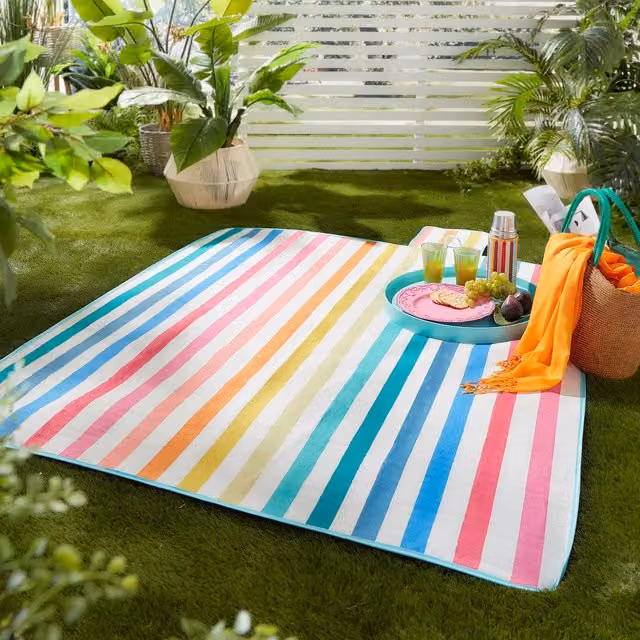 Fusion Home Carlson Stripe Waterproof Backed Picnic Blanket, Multicolour, W/D/H: 135 x 150 cm