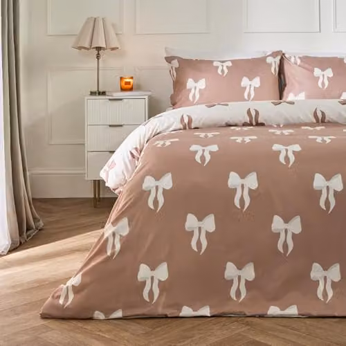 OHS Reversible Microfibre Single Duvet Cover and Pillowcase Set with Bow Print in Mink/Taupe, W/D/H: 135 x 200 cm and 48 x 74 cm