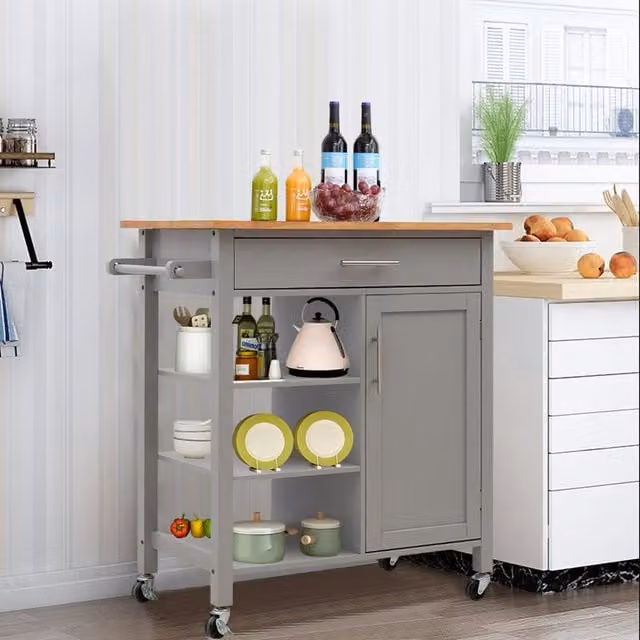 Livingandhome Modern Grey Pine and Rubberwood Kitchen Catering Trolley with Cabinets