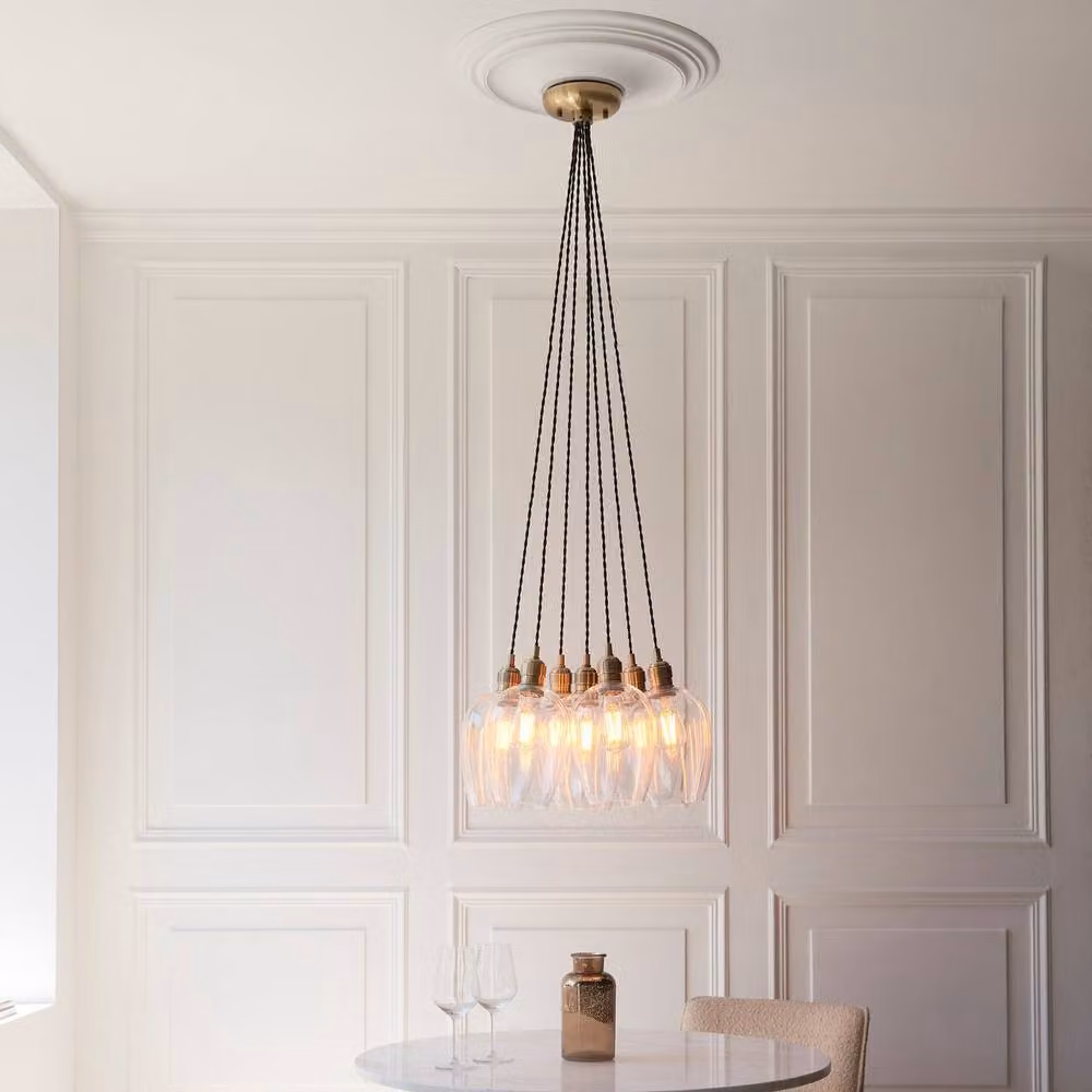 Netlighting Livorno Cluster Pendant Light in Yellow with Brass Plate and Transparent Glass, 7 x E27 LED Bulbs Included – 2