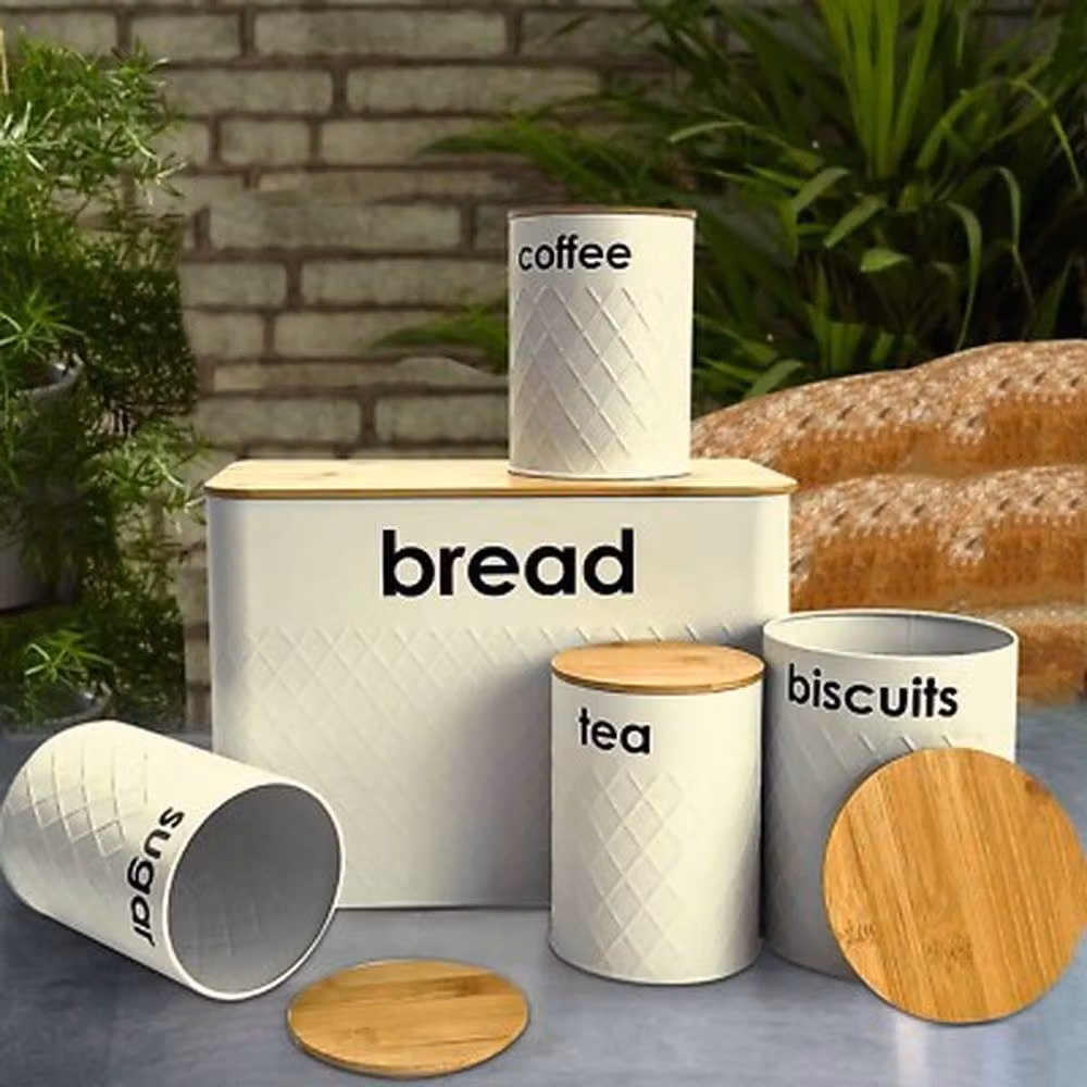 Kelvenix 5 Piece Airtight Beige Bread Bin and Canister Set for Kitchen Loaf Storage – 2