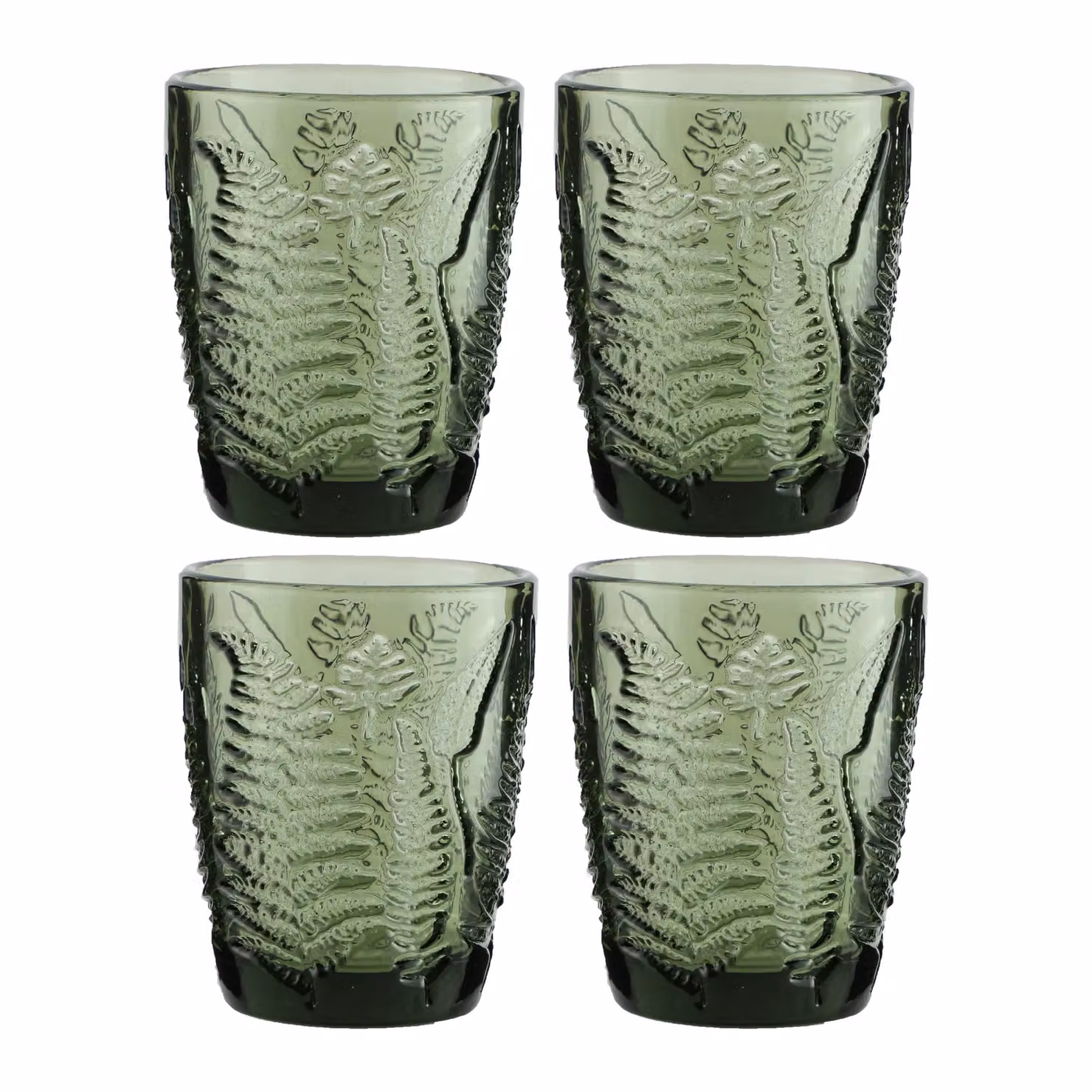 Dibor Set of 4 Green Leaf Embossed Glass Drinking Tumblers, 260ml – 2