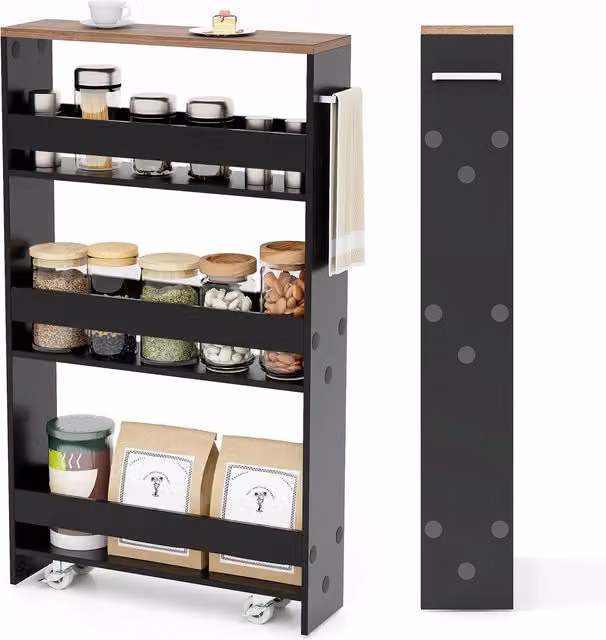 Costway 3-tier Slim Rolling Kitchen Serving Cart with Open Shelves in Black and Multicolour – 1