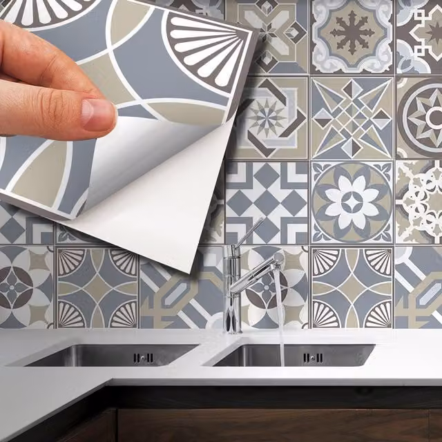 Walplus Adhesive Geometric Mediterranean Wall Tile Stickers in White, Grey and Multicolour, 24 Pack, W: 15 cm x H: 15 cm