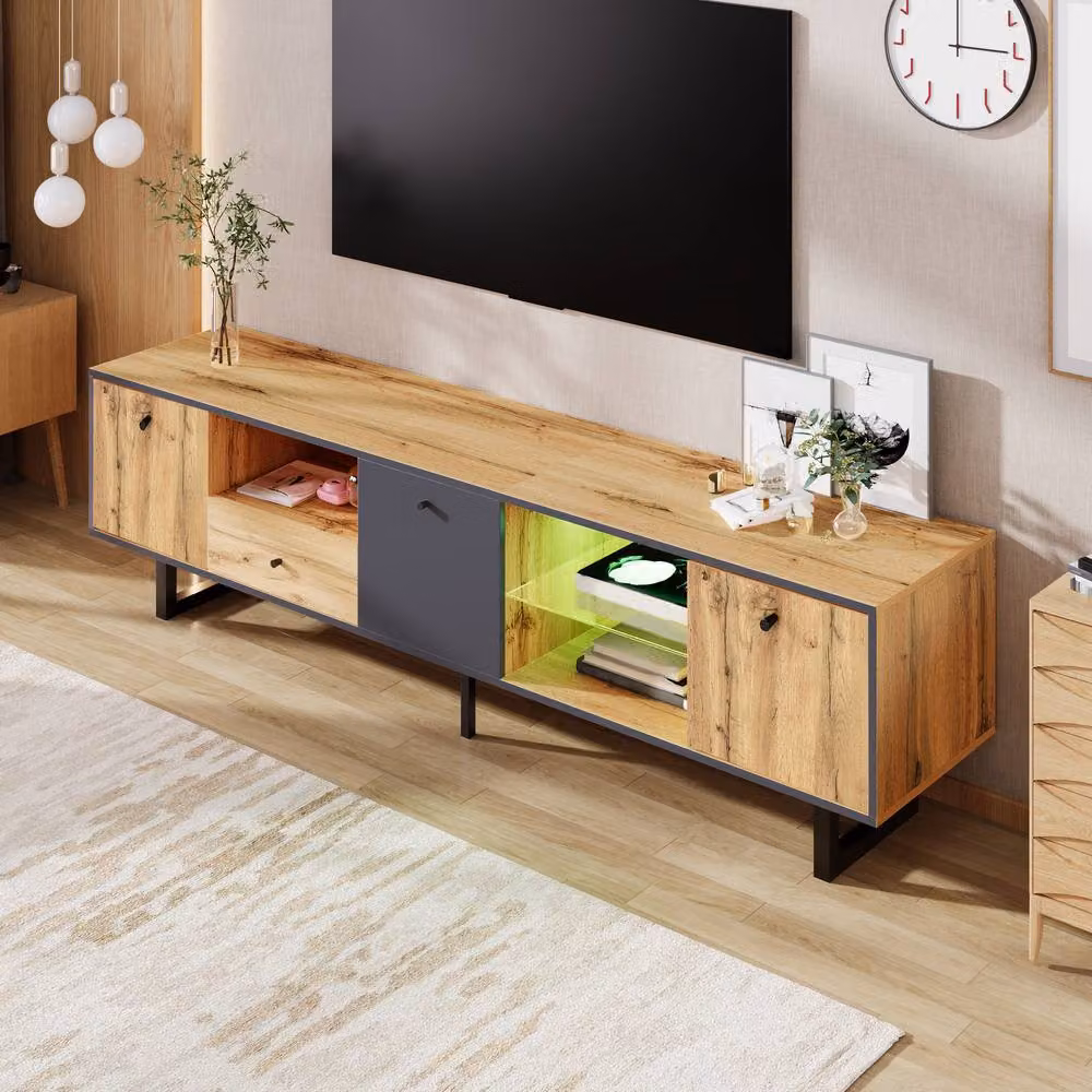 Rolipo Modern Industrial TV Stand with Integrated LED Lights, Wood and Anthracite Grey Lowboard, Width: 190 cm – 4