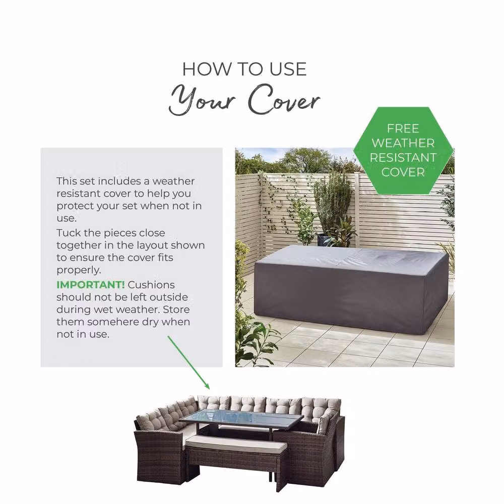 FurnitureboxUK Marbella 9 Seat Grey Rattan Garden Dining Set with Grey Cushions and Glass Table Top, Brown – 6